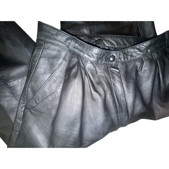 German Made Dark Navy Leather Fully Lined High Rise Pants Sz 29” x 31” - Picture 3 of 7